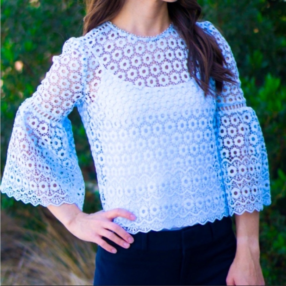 JCREW Periwinkle Blue Daisy lace Boxy Top Blouse J.Crew Daisylace Bell-Sleeve
